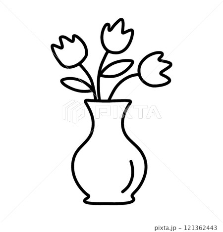 花瓶に入れた花のシンプルな手描き線画イラスト 透過背景の切り抜きの