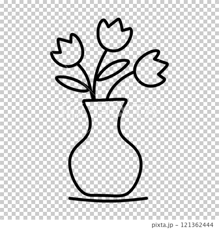 簡單的手繪線條畫花瓶中的花朵插圖,透明背景上的切口 簡單的手繪線條畫花瓶中的花朵插圖,透明背景上的切口 121362444