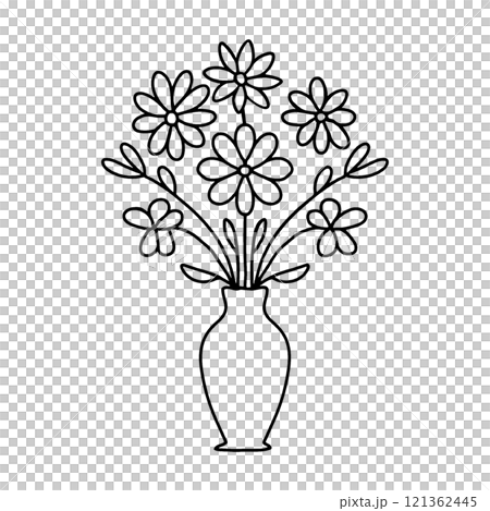 花瓶に入れた花のシンプルな手描き線画イラスト　透過背景の切り抜き 121362445