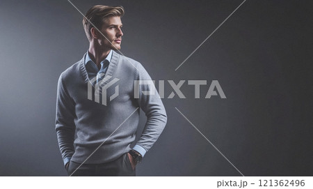 Handsome English man model dressed up smart casual fashion style, exuding refined masculinity and timeless elegance idea 121362496