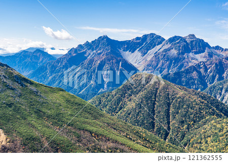横通岳の肩から見る穂高連峰 北アルプス 大天井岳パノラマ銀座縦走登山 横通岳の肩から見る穂高連峰 北アルプス 大天井岳パノラマ銀座縦走登山 121362555