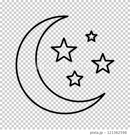 Simple line drawing illustration of a crescent moon and stars, cut out on a transparent background Simple line drawing illustration of a crescent moon and stars, cut out on a transparent background 121362598