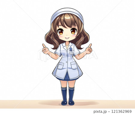 ちびキャラ　看護師の衣装を着た女性のイメージ素材　指さし 121362969