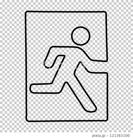 Rough hand-drawn line drawing illustration of an emergency exit pictogram, cut out on transparent background Rough hand-drawn line drawing illustration of an emergency exit pictogram, cut out on transparent background 121363100