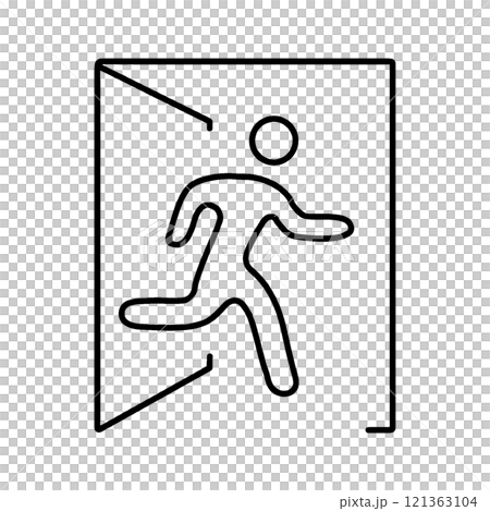 Rough hand-drawn line drawing illustration of an emergency exit pictogram, cut out on transparent background 121363104