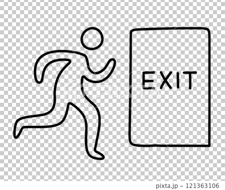 Rough hand-drawn line drawing illustration of an emergency exit pictogram, cut out on transparent background Rough hand-drawn line drawing illustration of an emergency exit pictogram, cut out on transparent background 121363106