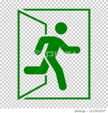 Pictogram-style illustration of a person running through an emergency exit on a transparent background Pictogram-style illustration of a person running through an emergency exit on a transparent background 121363287
