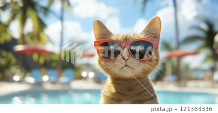 サングラスをかけた猫と夏のプールの背景　AI画像 121363336