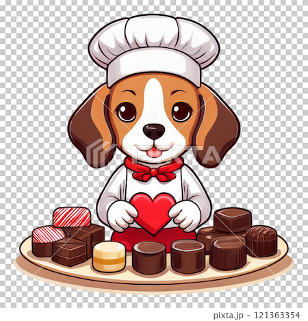 バレンタインチョコを持つパティシエ姿のビーグルのイラスト2／チラシやポスター用素材 121363354