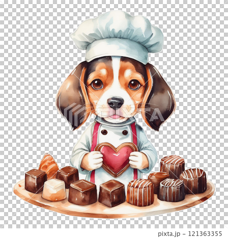 バレンタインチョコを持つパティシエ姿のビーグルのイラスト3／チラシやポスター用素材 121363355