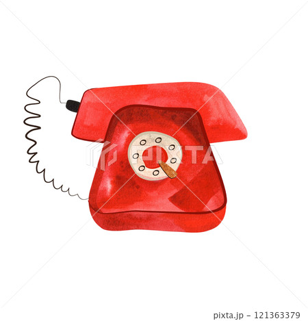 Old red rotary phone like from a movie. Communication device of the 20th century. Isolated watercolor illustration. 121363379
