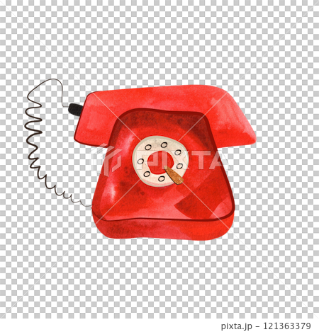 Old red rotary phone like from a movie. Communication device of the 20th century. Isolated watercolor illustration. 121363379