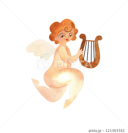 Cupid or Amor, the Greek god of love holding a lyre. Golden-haired baby with wings. Character. Isolated watercolor illustration for valentine. Clipart. 121363381