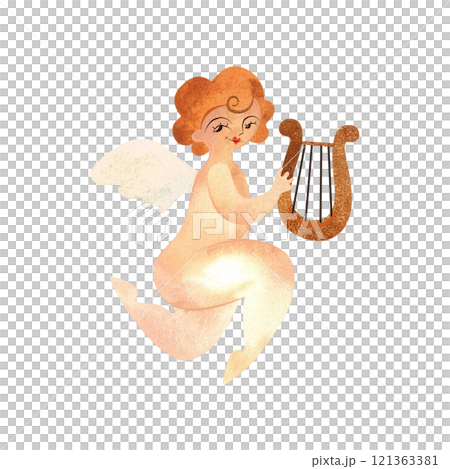 Cupid or Amor, the Greek god of love holding a lyre. Golden-haired baby with wings. Character. Isolated watercolor illustration for valentine. Clipart. 121363381