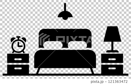 ダブルベッドと目覚まし時計とライトのある寝室の黒いシルエットイラスト 透過背景の切り抜き ダブルベッドと目覚まし時計とライトのある寝室の黒いシルエットイラスト 透過背景の切り抜き 121363472