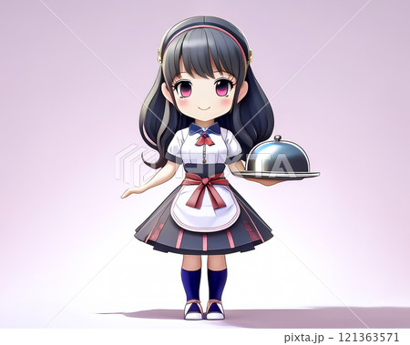ちびキャラ メイドの少女のイメージ素材 給仕 ちびキャラ メイドの少女のイメージ素材 給仕 121363571