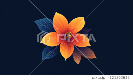 黒の背景に映える鮮やかなオレンジの花と葉のロゴデザイン 121363632