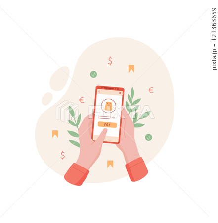 A user holds a phone with payment app. The mobile device features a clear screen for transactions. This context represents technology and online business interactions, simple yet effective. A user holds a phone with payment app. The mobile device features a clear screen for transactions. This context represents technology and online business interactions, simple yet effective. 121363659