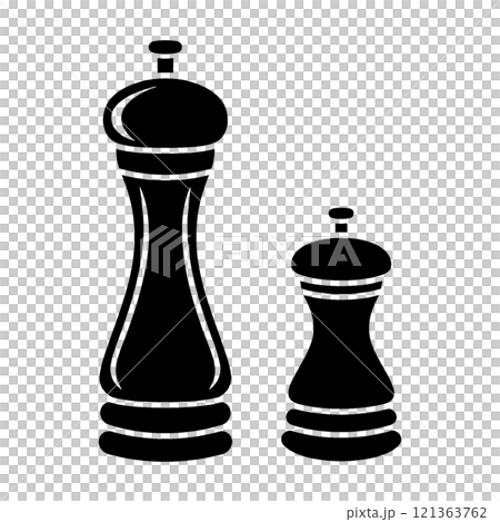 胡椒磨和鹽磨的黑色剪影圖,透明背景上的切口 胡椒磨和鹽磨的黑色剪影圖,透明背景上的切口 121363762