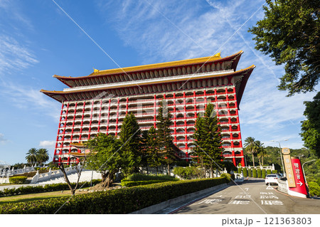 Low angle view of the Grand Hotel Taipei on a sunny day in Taiwan. This is a Magnificent Chinese-style palace building. 121363803