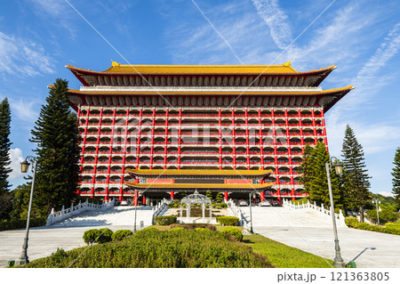 Low angle view of the Grand Hotel Taipei on a sunny day in Taiwan. This is a Magnificent Chinese-style palace building. Low angle view of the Grand Hotel Taipei on a sunny day in Taiwan. This is a Magnificent Chinese-style palace building. 121363805