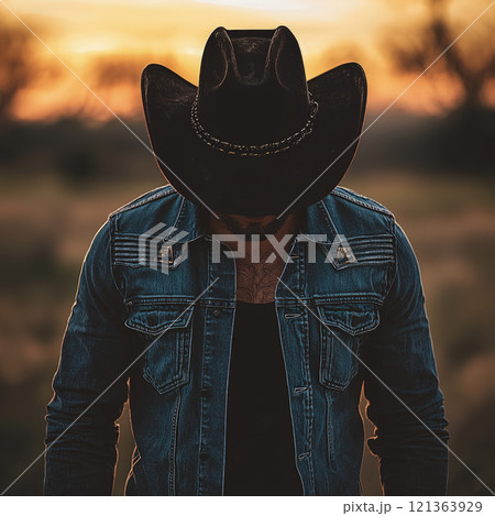A rugged stylish cowboy in a denim shirt and black hat stands outdoors at sunset 121363929