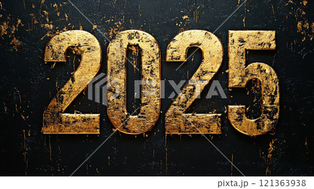 Bold golden numbers 2025 on a textured black background, showcasing an elegant and luxurious design 121363938