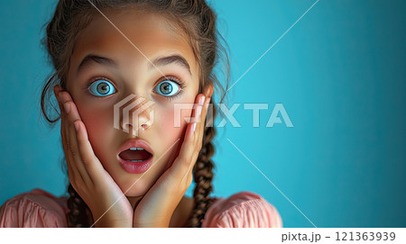 Close-up portrait of a young girl with braided brown hair and blue eyes, expressing surprise 121363939