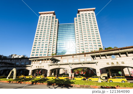 Building view of Banqiao Station in New Taipei City, Taiwan it is served by Taiwan High Speed Rail, Railways Administration, and Taipei MRT.  121364090