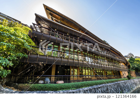 Building view of the Taipei Public Library Beitou Branch in Taipei, Taiwan, is an eco-friendly green building. 121364166