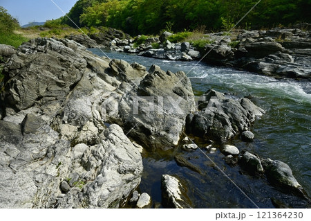 長瀞岩畳南端の小滝の瀬の流れ 121364230
