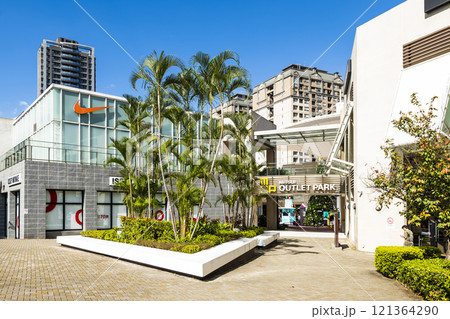 Low-angle view of the Mitsui Outlet Park Linkou in New Taipei City, Taiwan. It is Mitsui Fudosan's third overseas base. Low-angle view of the Mitsui Outlet Park Linkou in New Taipei City, Taiwan. It is Mitsui Fudosan's third overseas base. 121364290