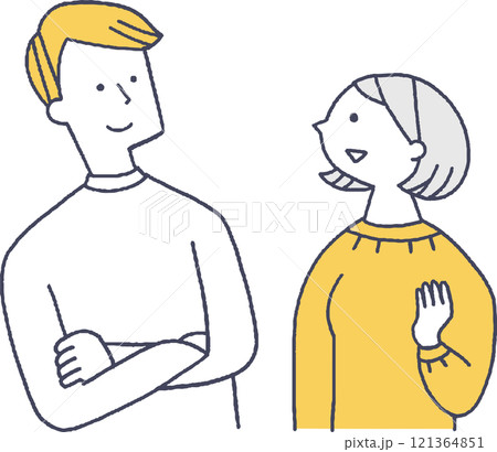 向かい合って話す若い男女線画 121364851