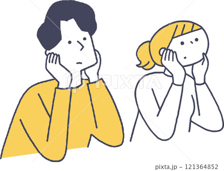 頬杖をついている若い男女線画 121364852