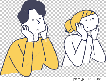 頬杖をついている若い男女線画 121364852