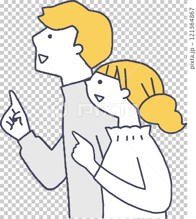 指を指して見上げる若い男女線画 121364867