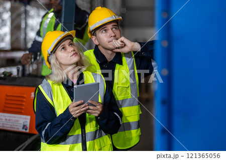 Group worker warehouse working checklist product forklift in warehouse store. Logistics factory industry supervisor manufacturing. business logistics and transport. 121365056