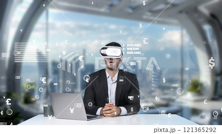 Smart manager using VR glasses and looking at currency exchanging. Apparatus. 121365292