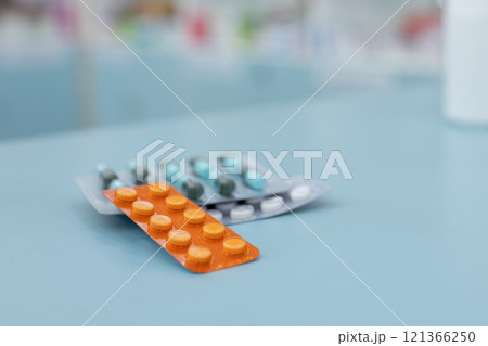 Blister pack of pills on table pharmacy. Drugstore product.Concept of medicine. copy space image. 121366250