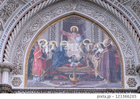 Christ Enthroned with Mary and St. John the Baptist Main Portal of Cattedrale di Santa Maria del Fiore (Cathedral of Saint Mary of the Flower), Florence, Italy 121366285