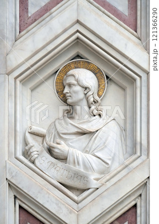 Saint Matthias, relief on the facade of Basilica di Santa Croce (Basilica of the Holy Cross) - famous Franciscan church in Florence, Italy 121366290