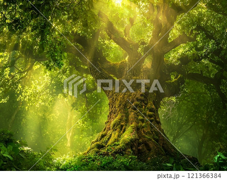 屋久島の緑あふれる巨木と神秘の光 121366384