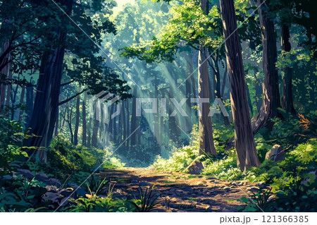 光が差し込む白神山地の神秘的な森林風景 121366385