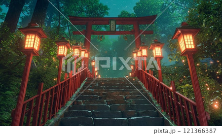 神秘的な灯篭に彩られた夜の神社参道 121366387