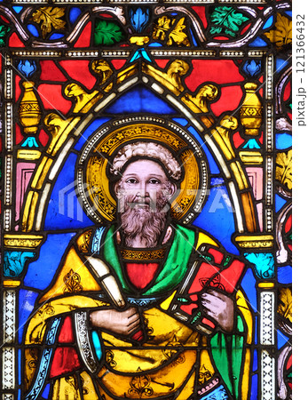 Catholic Saint, stained glass window in the Basilica di Santa Croce (Basilica of the Holy Cross) - famous Franciscan church in Florence, Italy 121366432