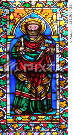 Saint Peter, stained glass window in the Basilica di Santa Croce (Basilica of the Holy Cross) - famous Franciscan church in Florence, Italy 121366433
