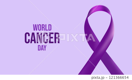 World Cancer Day. February 4th. Raising awareness. Purple silk ribbon symbol fight against cancer banner. Expressing support for patients and their families. Vector illustration. 121366654
