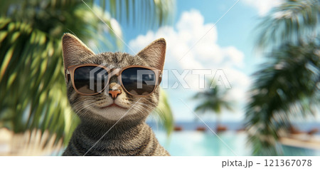 夏のプールサイドでくつろぐ猫の背景　AI画像 121367078