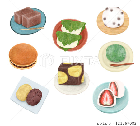 色々な和菓子のイラストレーション 121367082