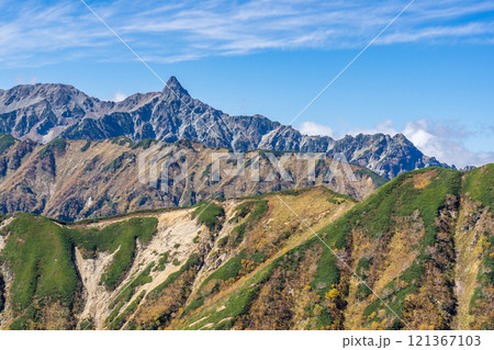 横通岳から見る槍ヶ岳と北鎌尾根　北アルプス　大天井岳パノラマ銀座縦走登山 121367103